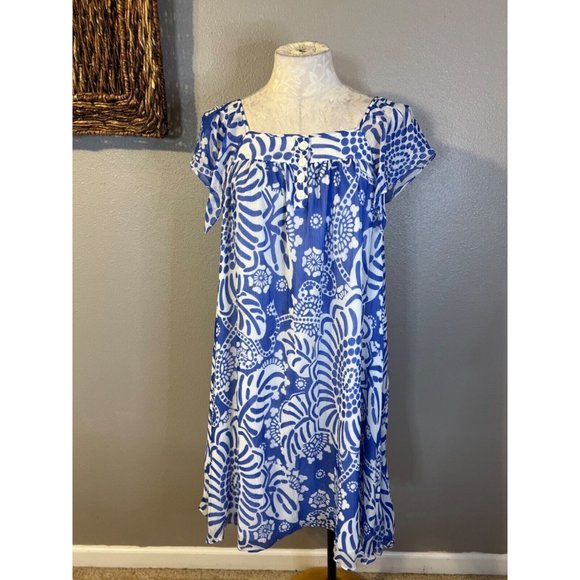 Anthropologie Tibi Silk Dress 6 Blue Ivory Short Sleeve Relaxed Fit Shift Flowy - Picture 6 of 15